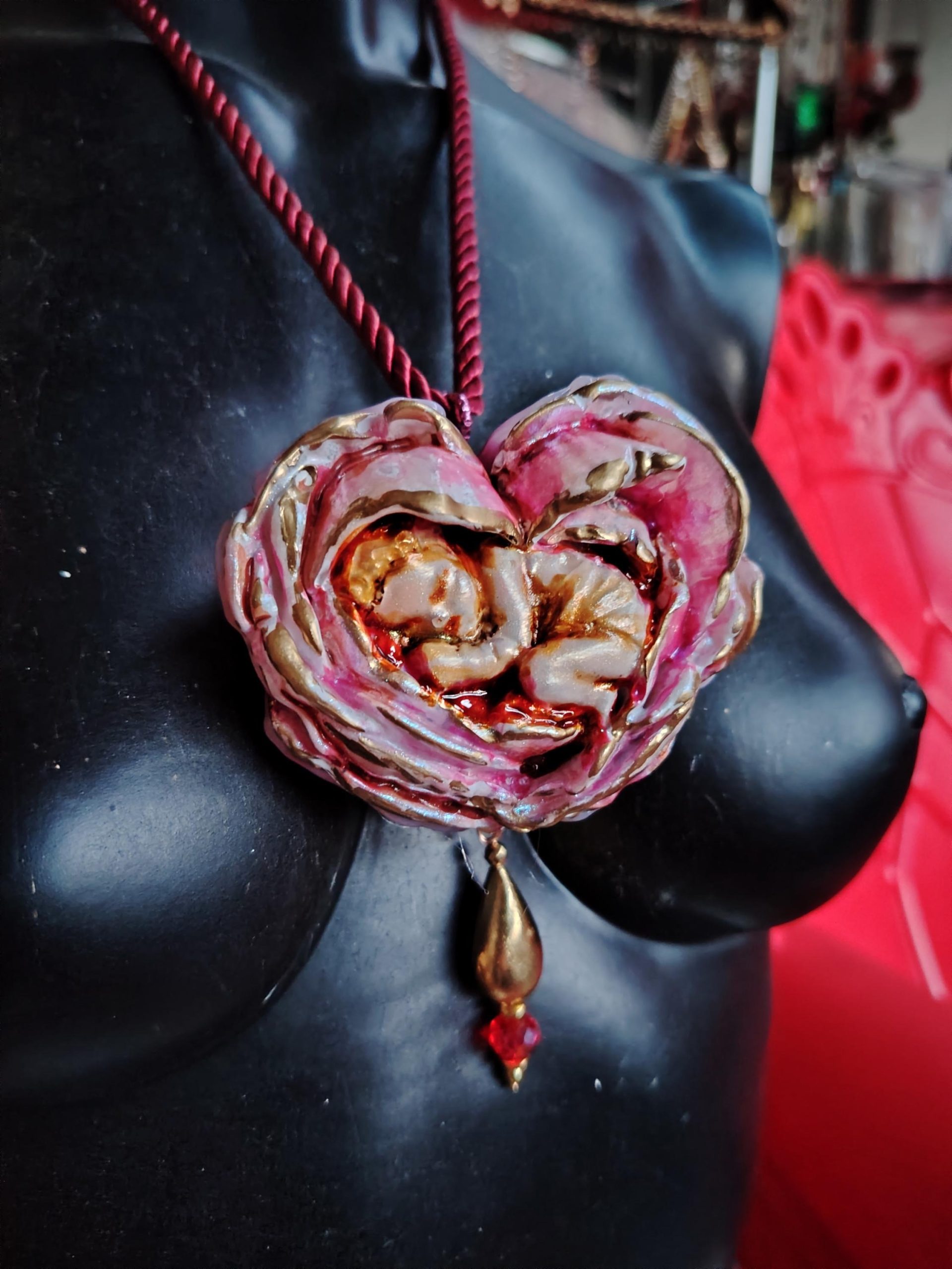 Art Nouveau Necklace, Peony Flowers Heart Pendant, Doll Child Baby Newborn Slepping, Jewelry Charms