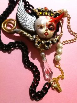Angel and Demon Pendant, Vintage Doll Necklace, Devil Horn Jewelry, Winged Cherub Beaded Charm