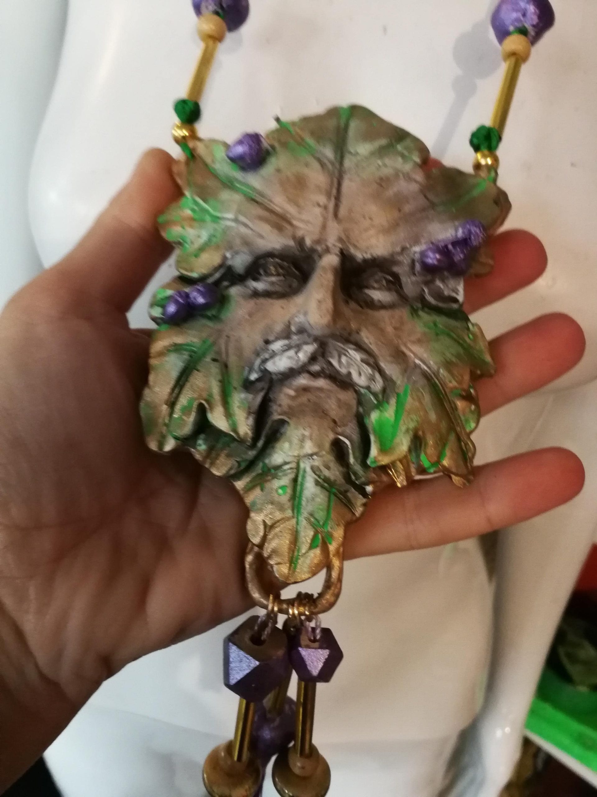 Designer Jewelry, Chunky Pendant Forest Spirit Guide, Green Elf Little People Locket Necklace Charm