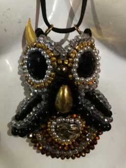 Owl Pendant, Statement Jewelry Nocturnal Bird Gothic Necklace, Embroidered Pendant Beaded Pearl Crystal Charm
