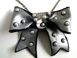 Big Bow Silver Pendant Necklace, Pearl Choker, Handmade Italian Couture