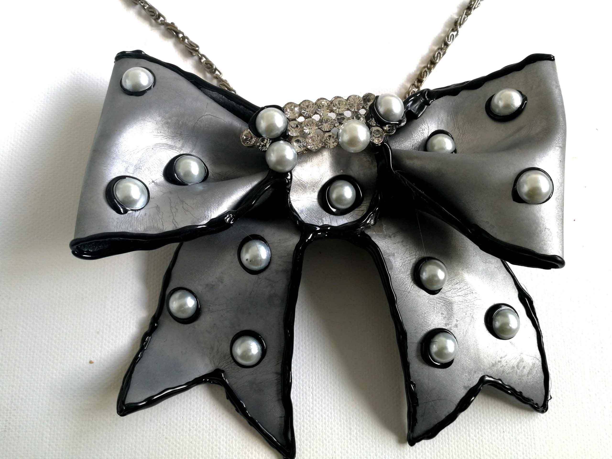 Big Bow Silver Pendant Necklace, Pearl Choker, Handmade Italian Couture