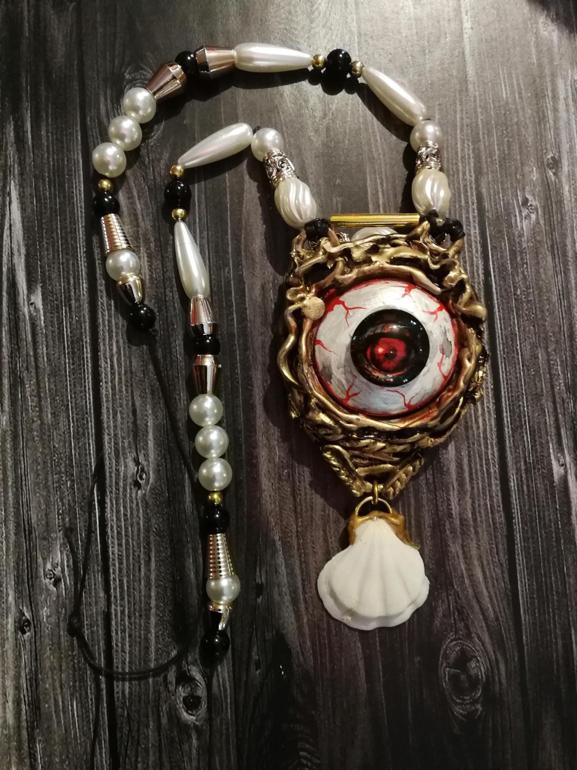 Baroque Pearl Necklace, Conch Shell Eye & Hand Jewelry, Luxury Pendant Rococo Charm Statement Jewellery