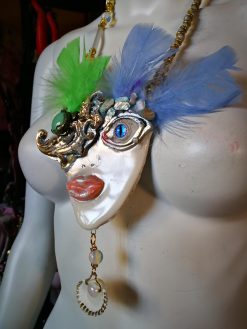 Lady Face Necklace, Belle Epoque Charleston Gasby Pendant Chunky Portrait, Amazzonite & Shell Jewelry Charm