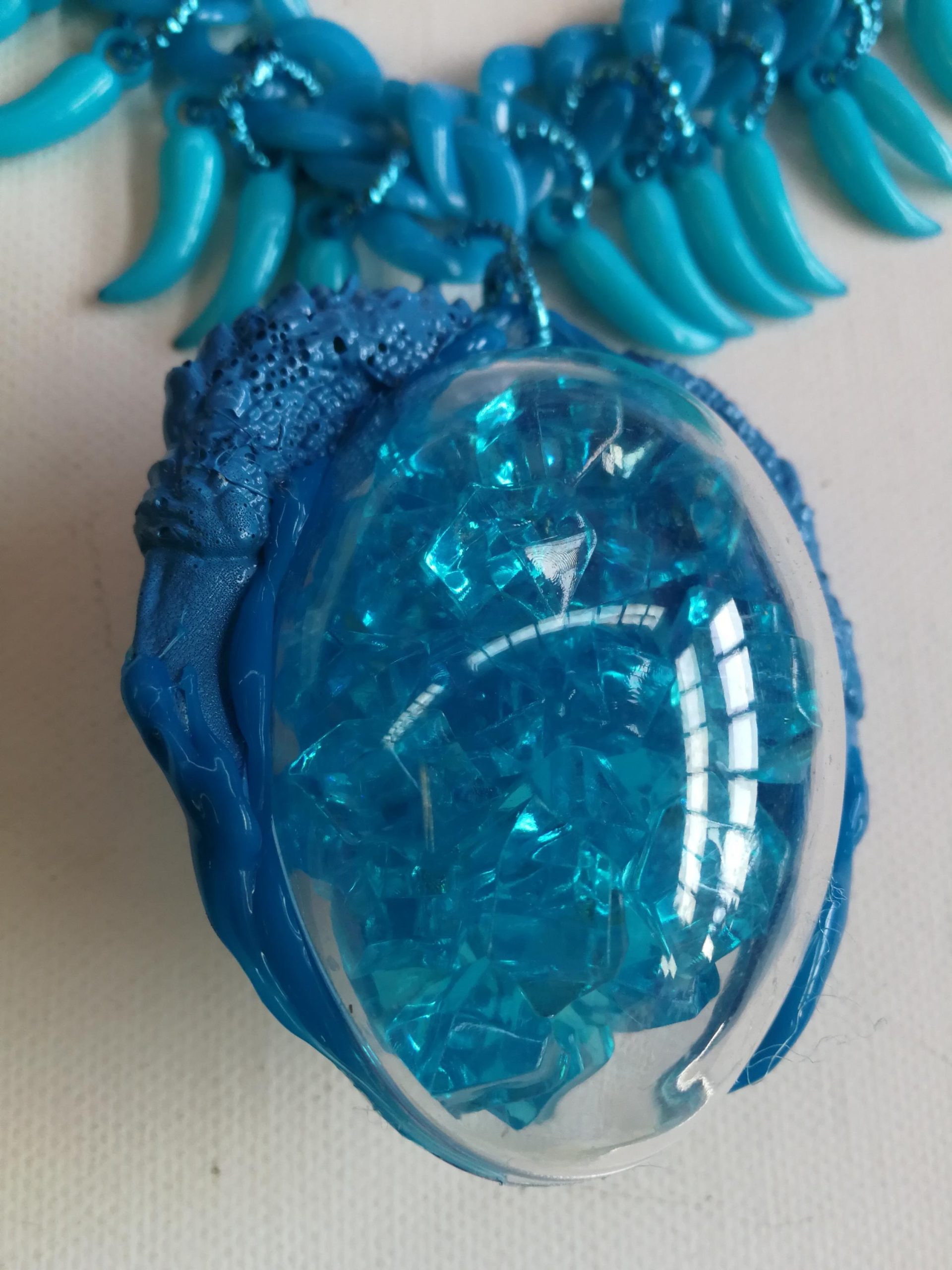 Dragon Egg, Futuristic Necklace, Cornicello Italian Horn Charm, Fantasy Fairy Tale Pendant, Transparent Jewelry