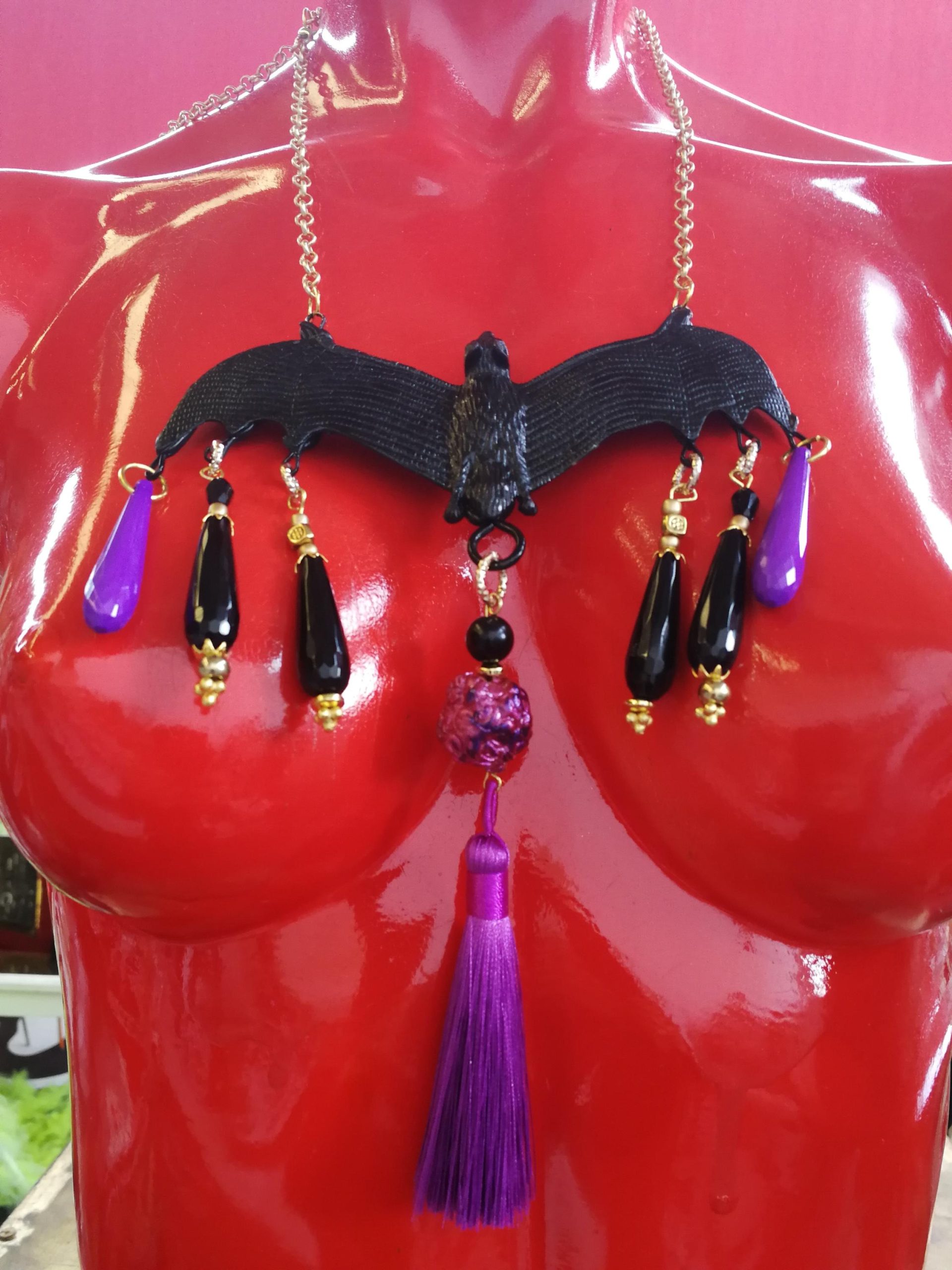 Bat Vampire Jewelry Dark Necklace, Beaded Tassel Pendant Chain, Gothic Punk Rock Jewel Charm