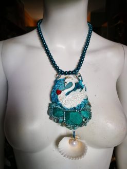 Swan Necklace, Statement Charm Pendant, Seashell Fine Jewelry Sculpture Luxury Turquoise Pearl & Raw Stone