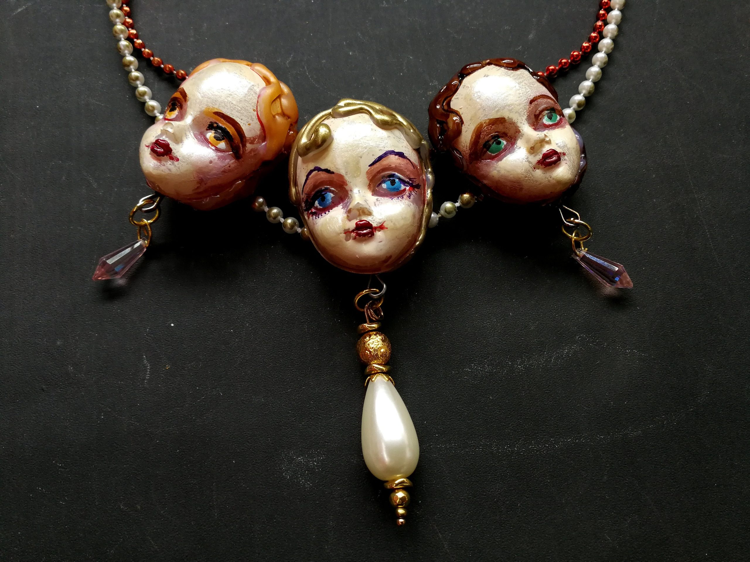 Belle Epoque 1900 Doll Head Jewelry, Art Deco Statement Sculptural Collar Charm Vintage Charleston