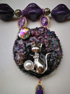 Rough Amethyst Statement Necklace Rhinestone Ball Accents Cat & Moon Chunky Pendant Design Beaded Jewelry