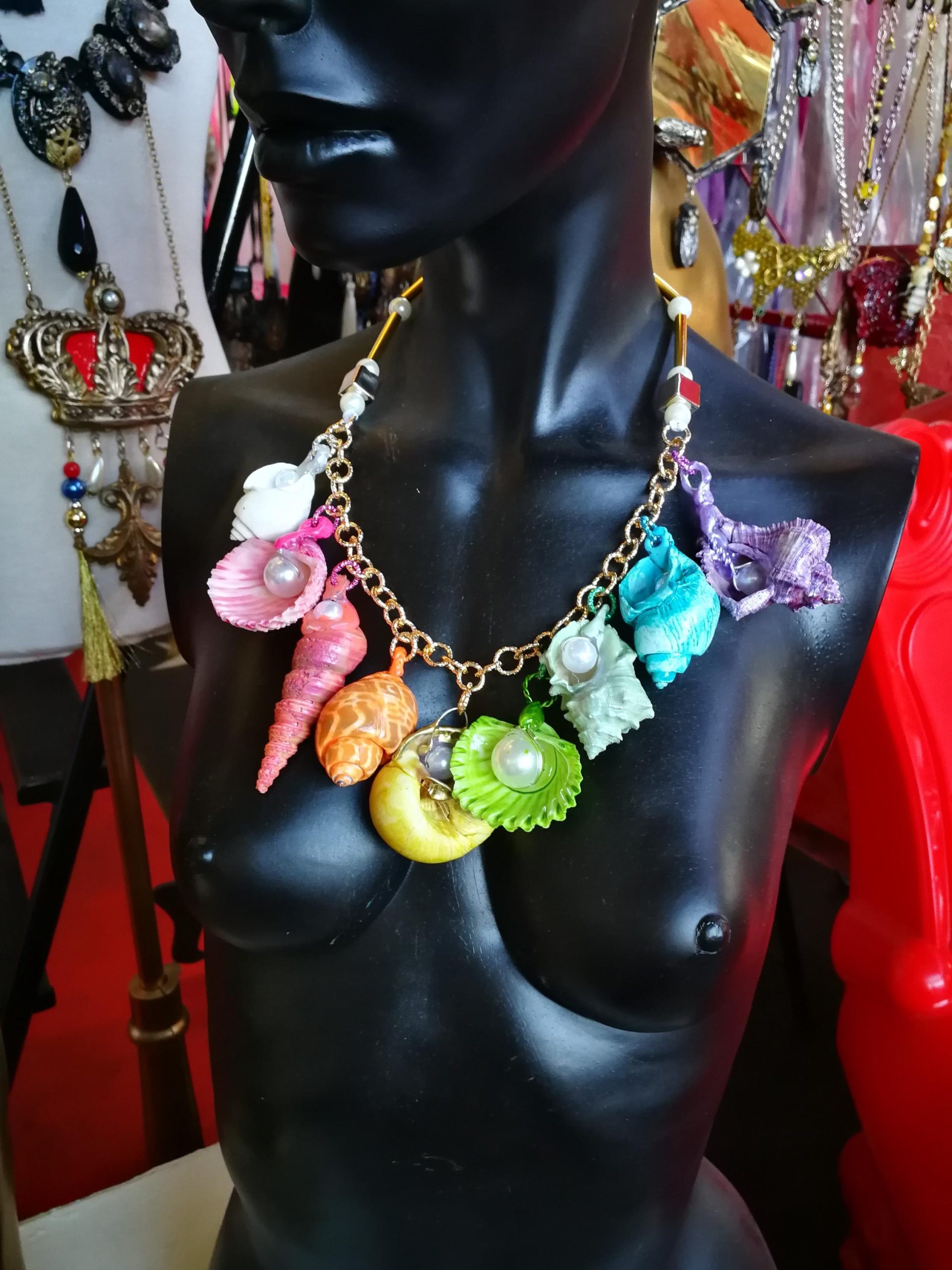 Puka Shell Necklace, Maximalist Design Handmade Painted Natural Seashell Conch Jewelry Rainbow Abalone Multicolored