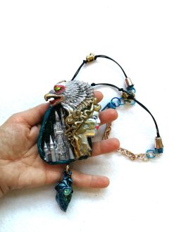 Silver Eagle Pendant, Statement Necklace Vulture Wild Bird Jewelry, Viking Castel Raw Stone Charm