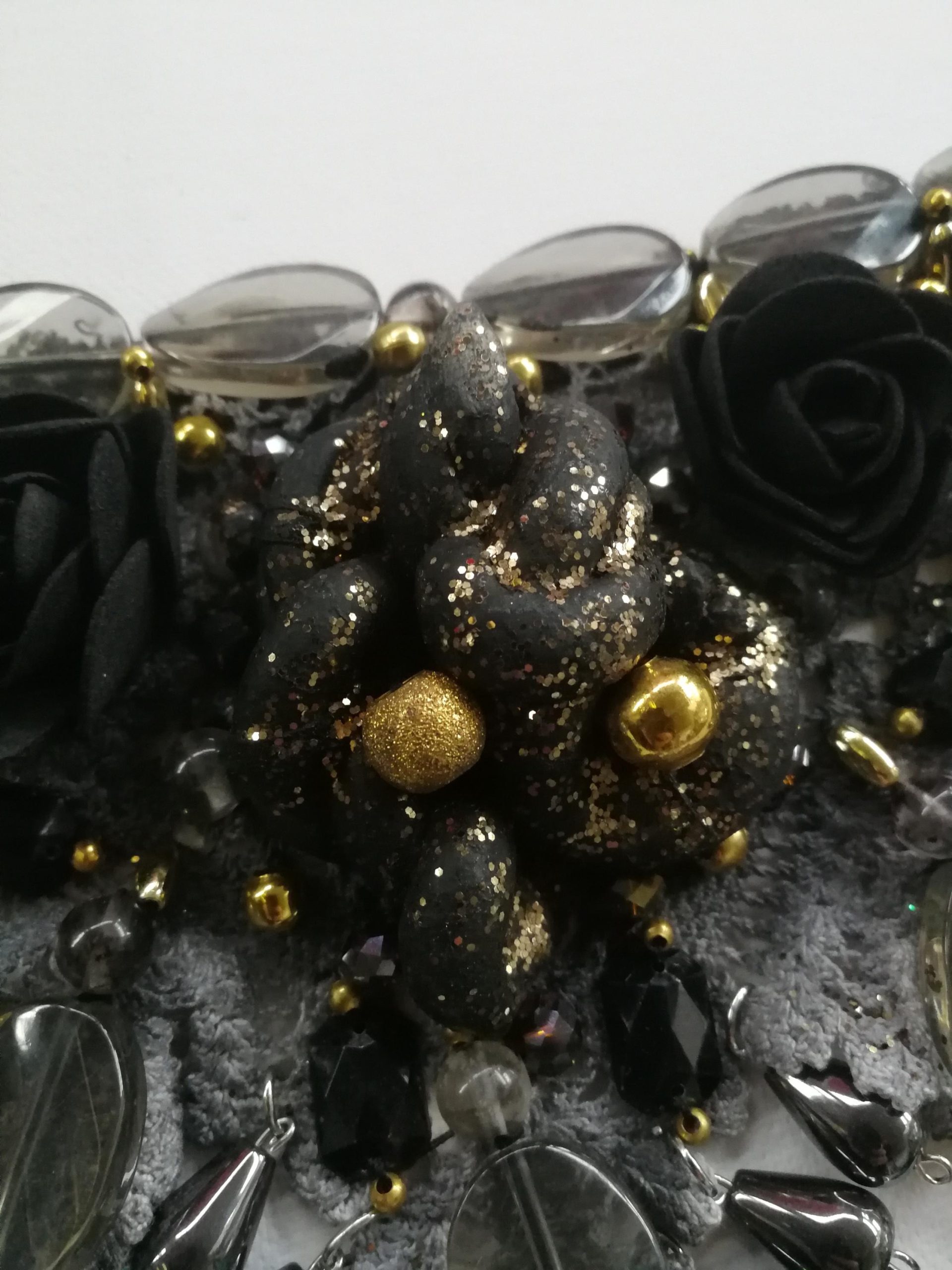 Marie Antoniette Choker, Embroidered Macrame Lace Jewelry, Locket Medallion Statement Necklace Collar Black Roses