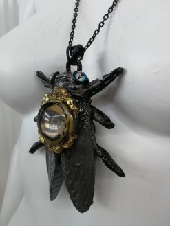 Cicada Pendant, Gothic Style Necklace Insect Fly Jewelry, Nocturnal Dark Jewel Handmade Jewelery Sculpture