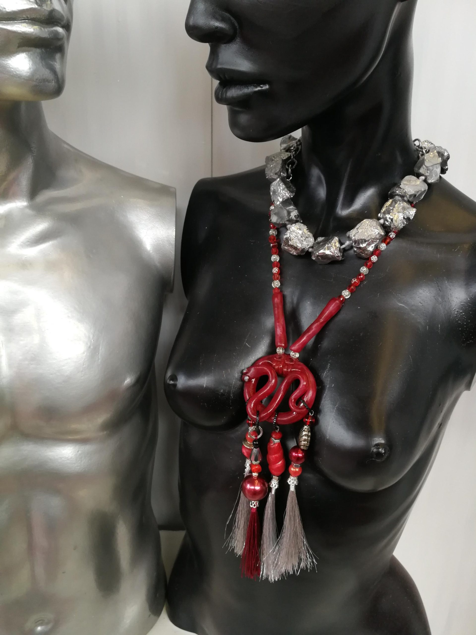 Brutalist Necklace, Chunky Snake Sculptural Pendant, Serpent Statement Jewelry Stone Beaded Chain Pyrite Gemstone