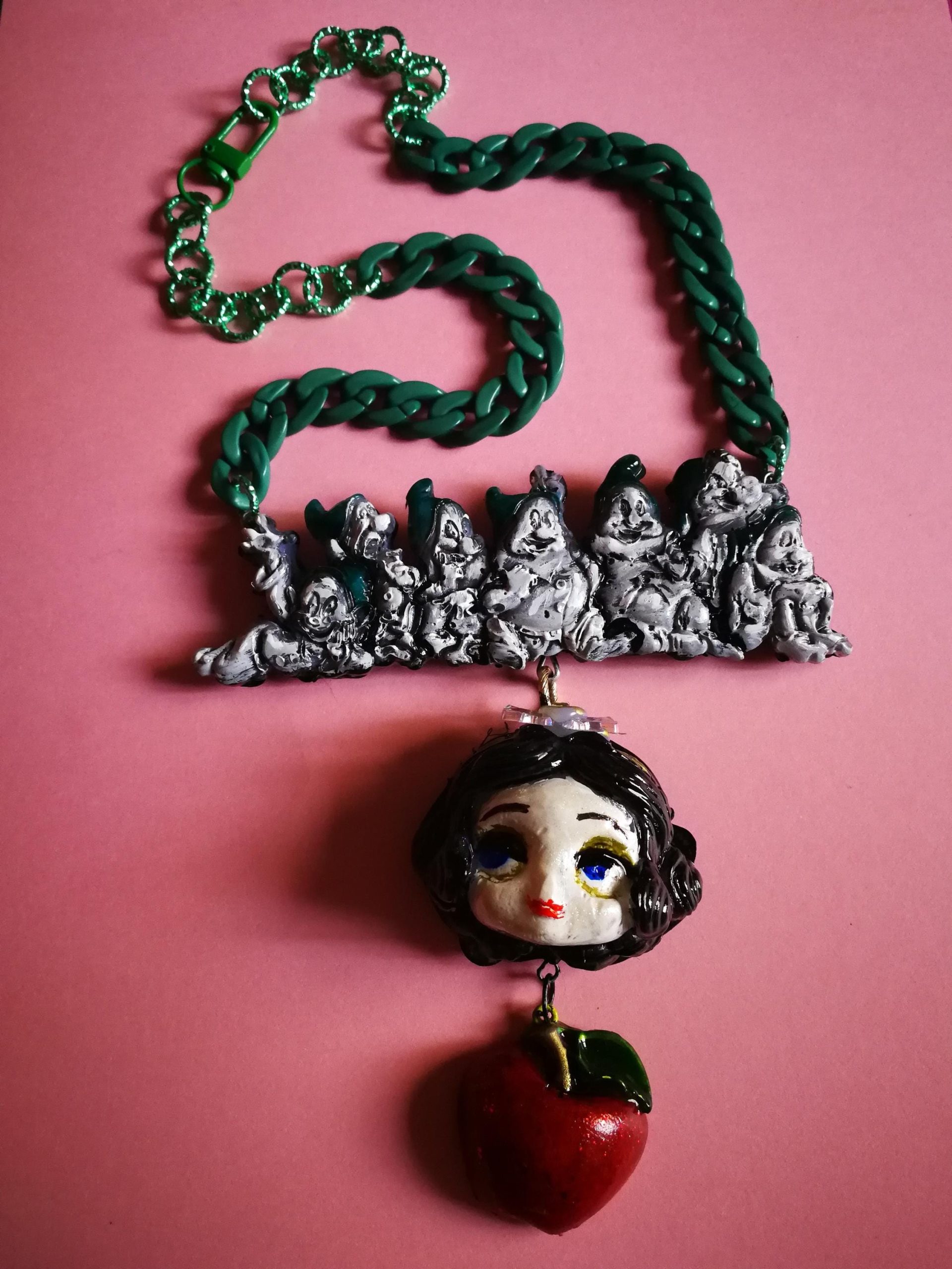 Whimsical Jewelry, Snow White & the Seven Dwarfs Necklace Manga Doll Fantasy Pendant Cartoonish Apple Charm