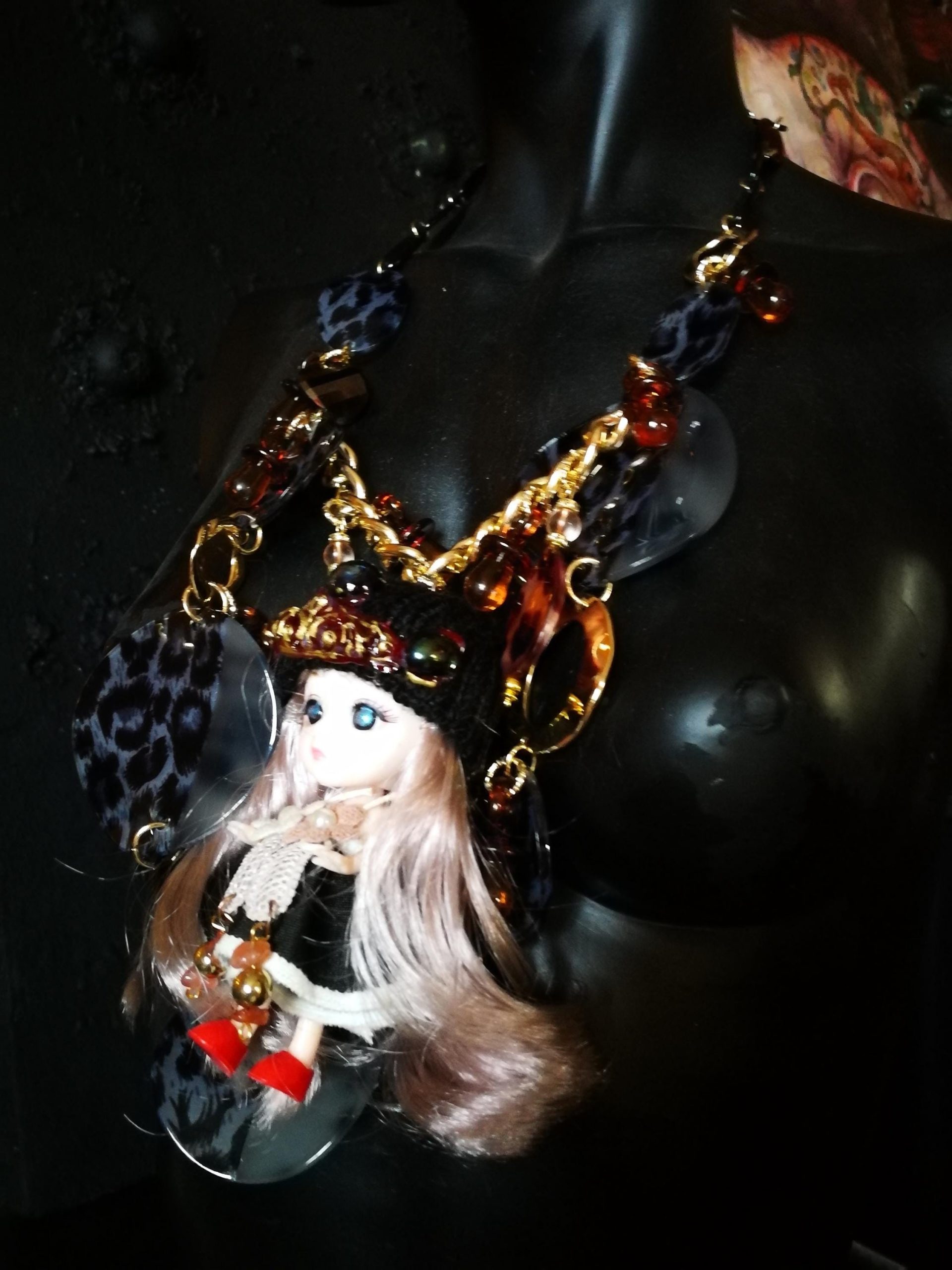 Tribe Designs, Extravagant Wild Life Doll Pendant, Designer Jewelry Chunky Necklace Charm, Folk Collar