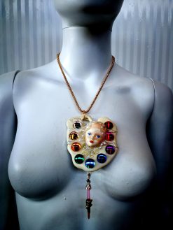 Belle Epoque Jewelry, Art Deco Nouveau Doll Head Sculpture Pendant, Painter Artist Palette Necklace