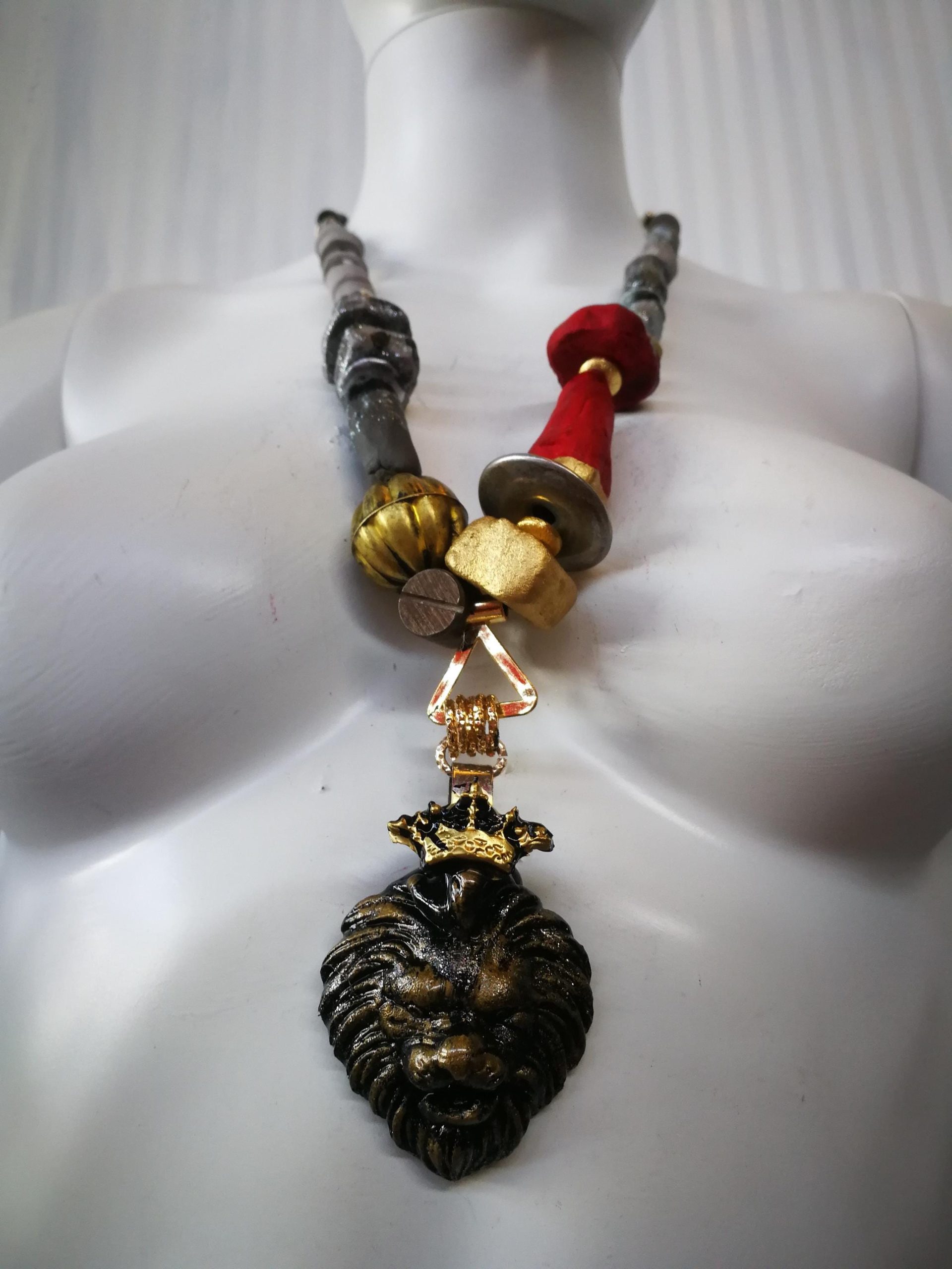 Lion Pendant, Designer Jewelry Sculptural Statement Big Bold Chunky Necklaces Golden Crown Wild Animal
