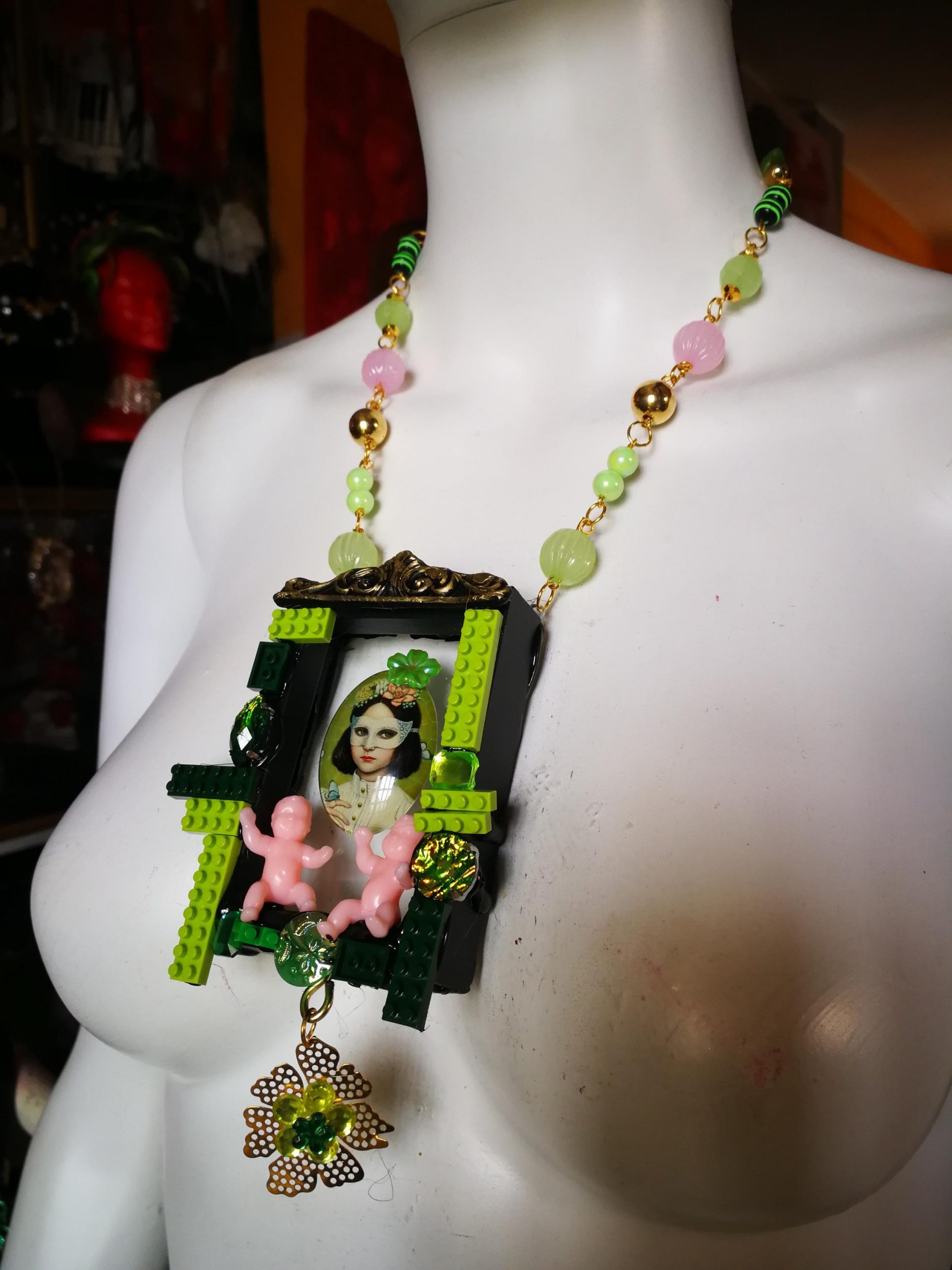 Assemblage Necklace, Vintage Portrait Pendant, Cameo Crystal Beads, Artist Doll Charm Statement Jewelry