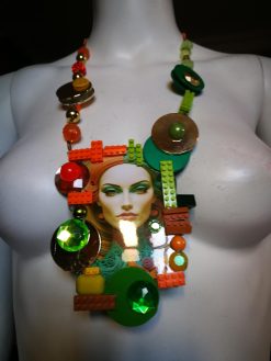 Futuristic Jewelry 1960 1970 Design Necklace, OOAK Modernist Beaded Pop Art, Disco Fashion Style Multicolored Pendant