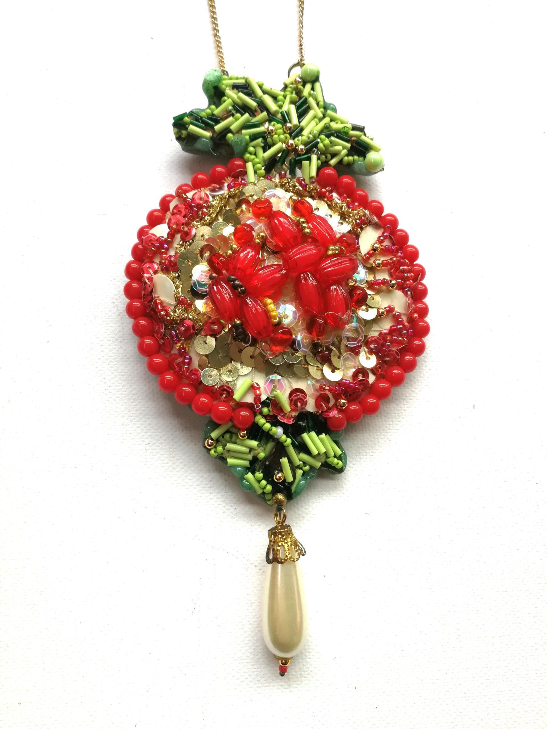 Passion Fruit Necklace, Hand Embroidered Jewelry, Luxury Pendant Pearl Charm, Chain Amulet Collar Jewelry