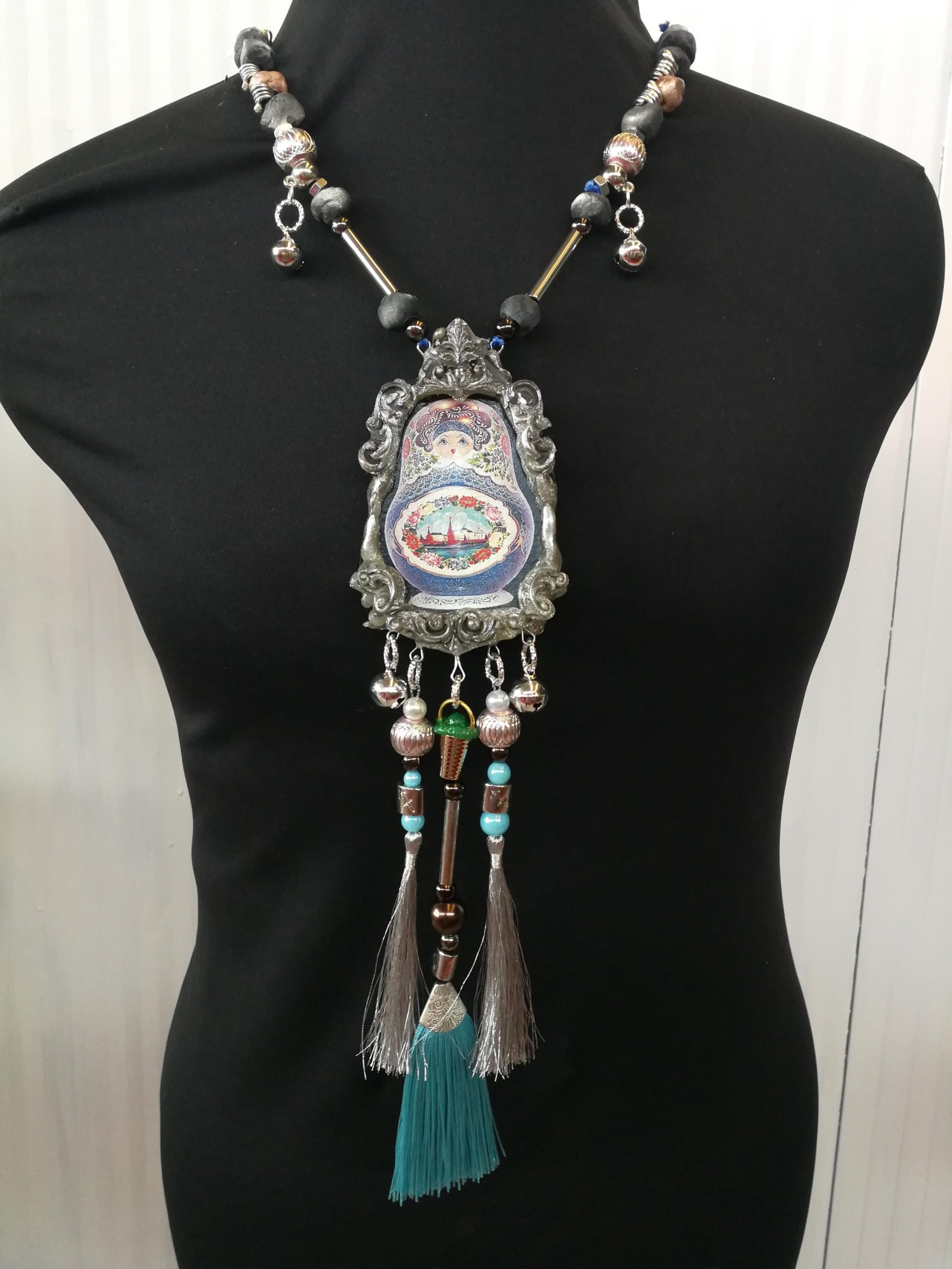 Matryoshka Dolls, Sculpture Statement Jewelry, Big Bold Chunky Necklace Traditional Folk Pendant Russian Folkloric
