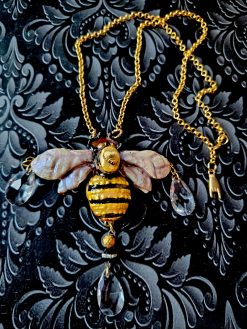 Queen Bee Jewelry, Gold Bumble Honey Pendant, Sculptural Insect Necklace Charm Drop Bead Crystals