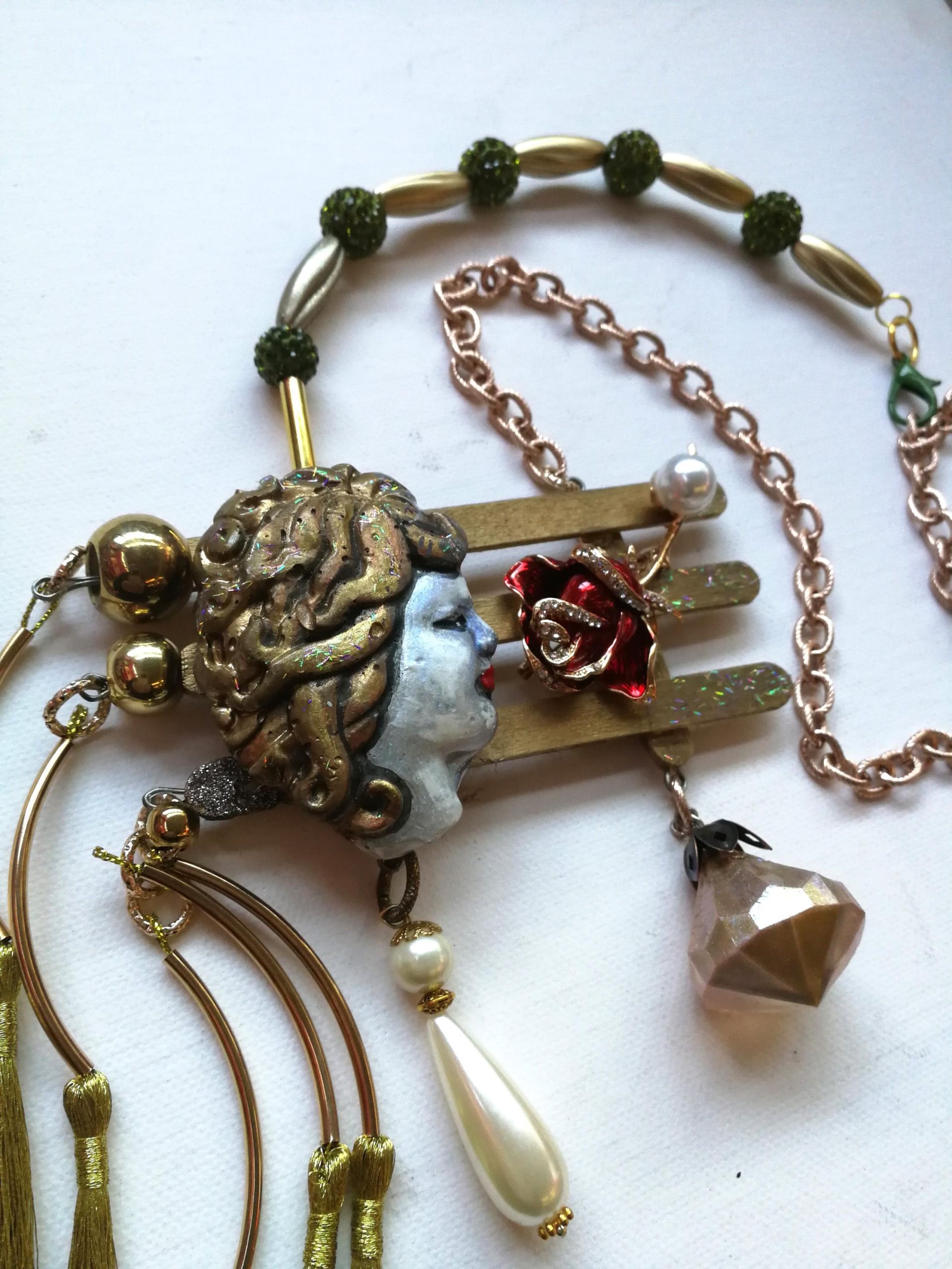 Belle Epoque Jewelry, Statement Doll Head Sculpture Pendant Charleston, Golden Age Liberty Flower Charm