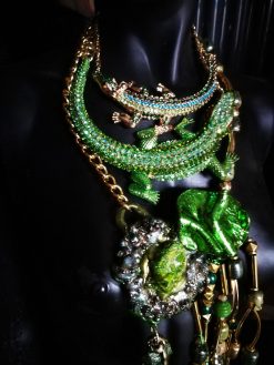 Metallic Emerald & Feathers Layers Statement Pendant, Avant Garde Sculpted Oversized Big Bold Chunky Necklaces