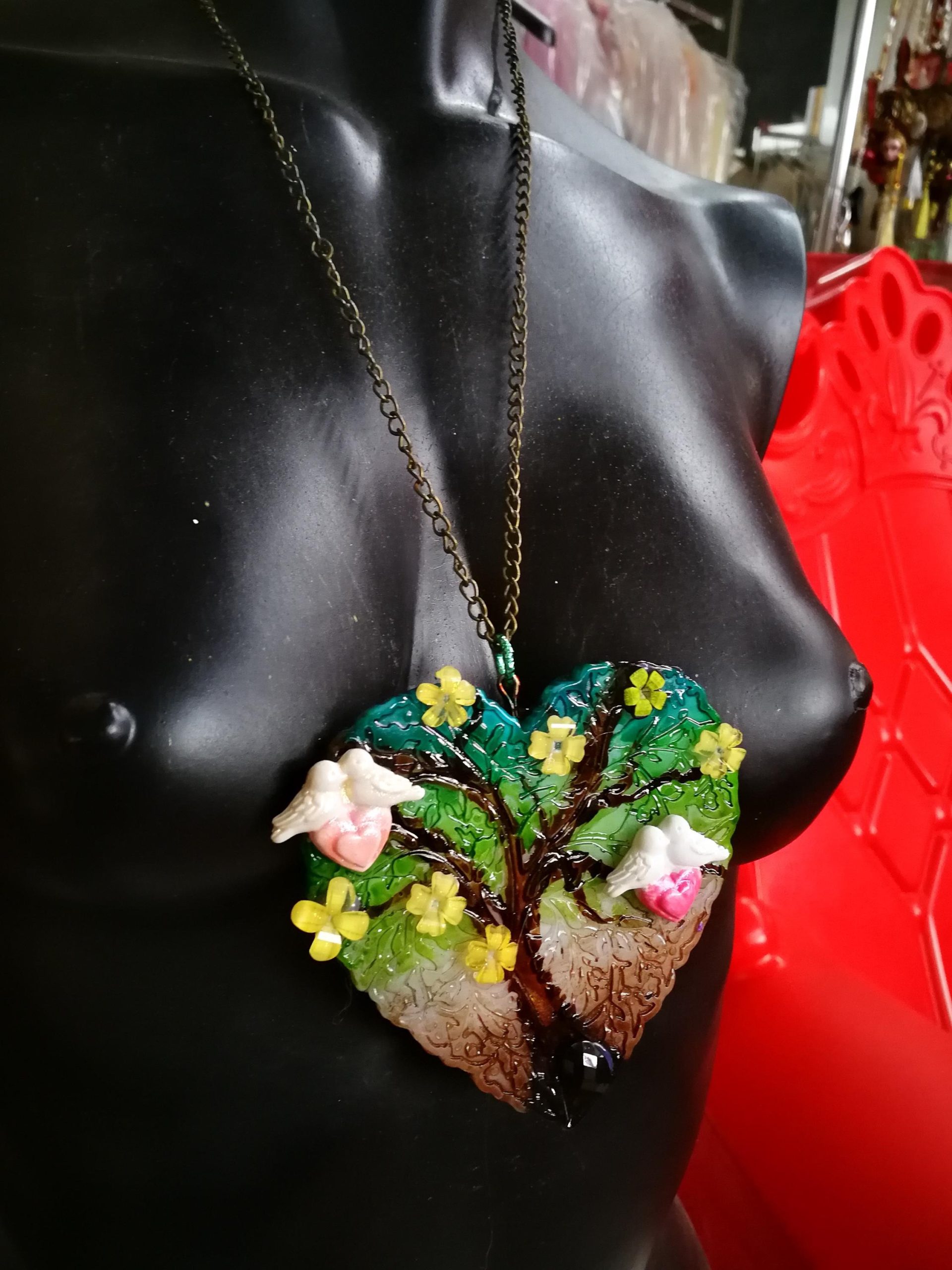 Tree of Life Necklace, Belle Epoque Jewelry, Art Nouveau Heart Sculpture Pendant Love Bird Yggdrasil
