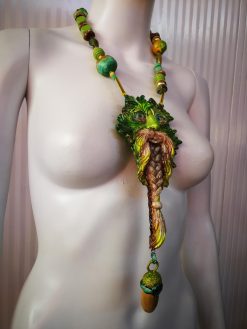 Designer Jewelry, Chunky Beaded Pendant Forest Spirit Guide, Wizard Little People, Locket Necklace Charm