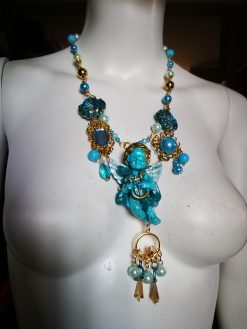 Baroque Jewelry, Guardian Angel Winged Archangel Pendant, Rococo Necklace Turquoise Jewellery, Celestial Charm Cherubim