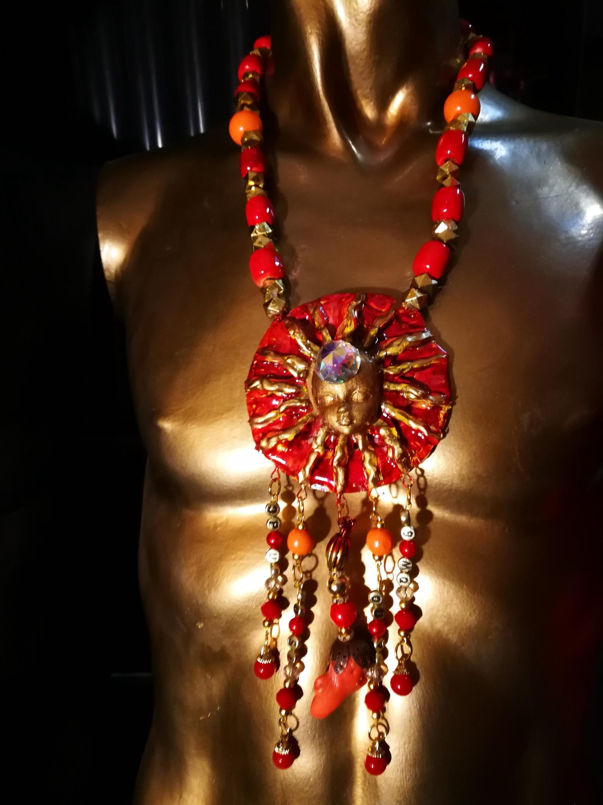 Red & Gold Sun Face Pendant Necklace, Beaded Dangles OOAK Wearable Art Statement Bold Jewelry