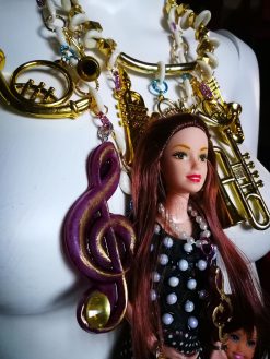 Doll Necklace, Music Teacher Assemblage Jewelry Statement Pendant, Extravagant Futuristic Luxury Glamour Charm