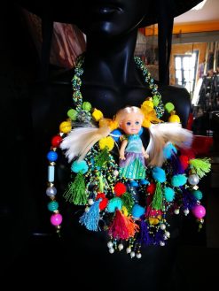 Designer Jewelry, Chunky Necklace Charm Pendant, Extravagant Boho Doll Folk Collar Bib Folkloric Assemblage