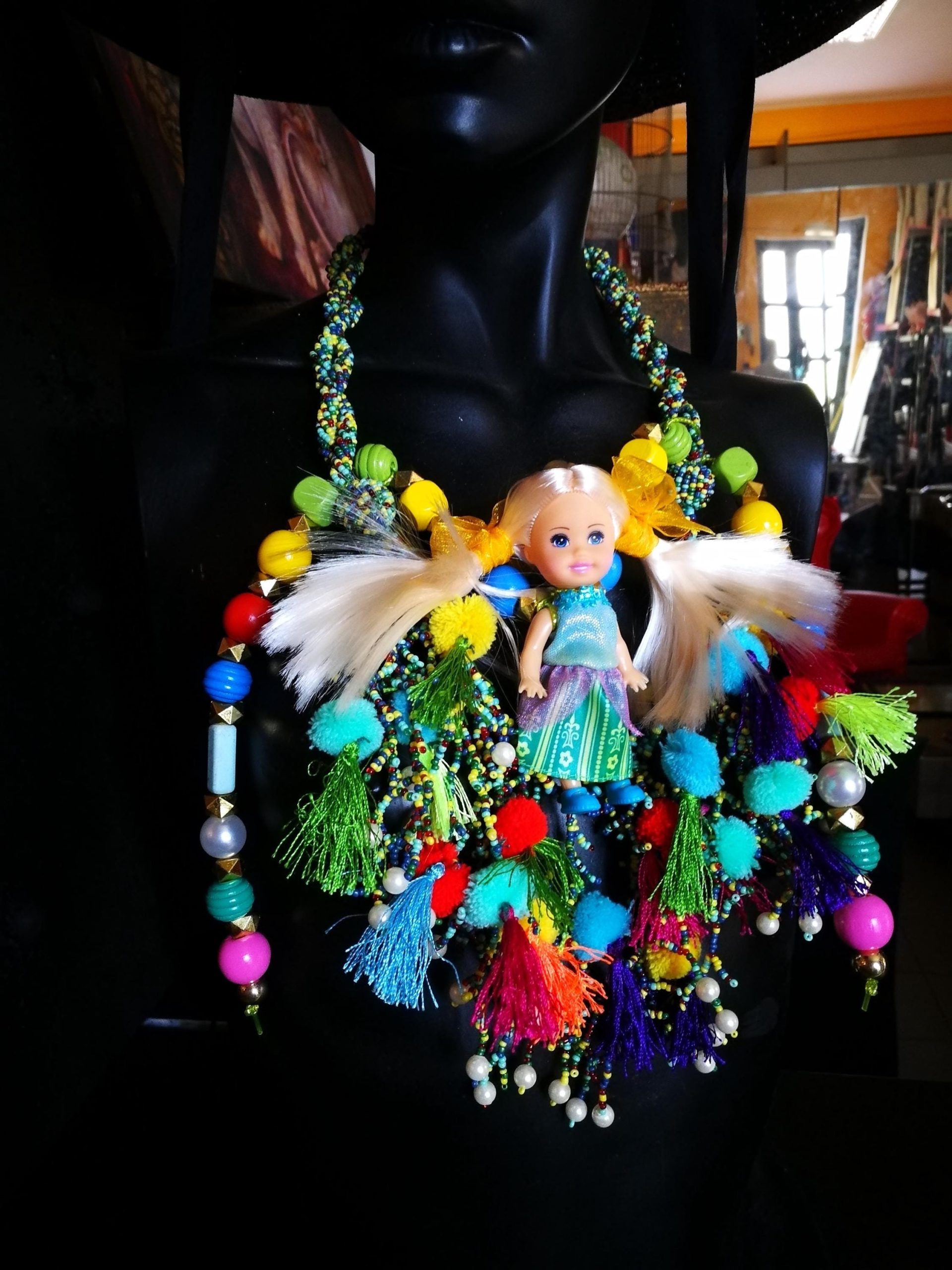 Designer Jewelry, Chunky Necklace Charm Pendant, Extravagant Boho Doll Folk Collar Bib Folkloric Assemblage
