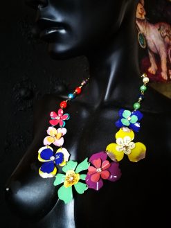 Vintage Jewel Metallic Flower Design, Bakelite & Celluloid Assemblage Statement Necklace, Woman Chunky Jewelry Bib