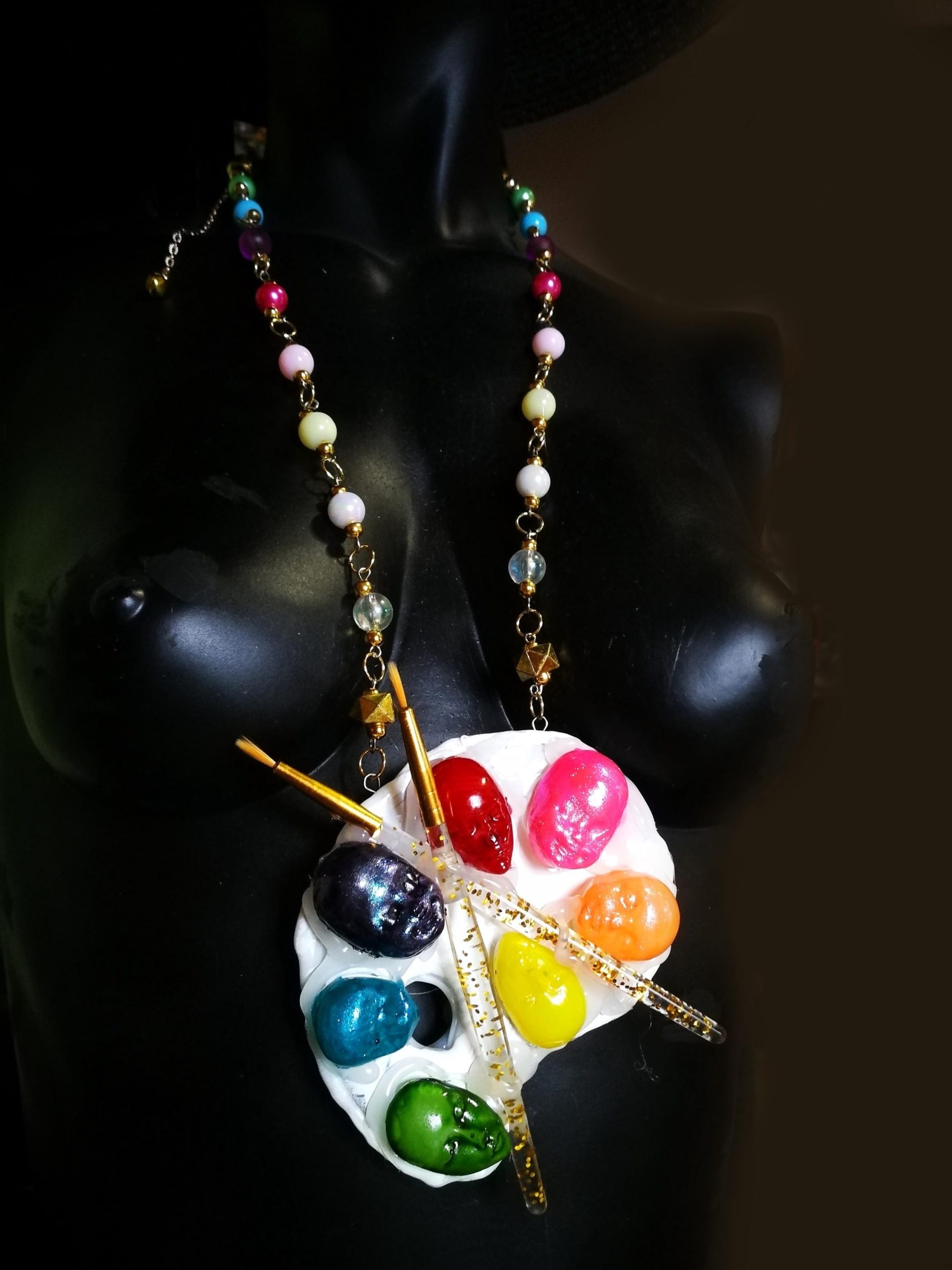 Artist Palette Jewelry, Painter Sculpture Pendant Rainbow Beaded, Doll Head Face Chunky Statement Necklace