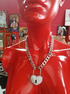 Silver Pendant, Hip Hop Necklace Jewelry, Rapper Chain Padlock Heart, Crystal Locket Charm Gangsta Rap Trap