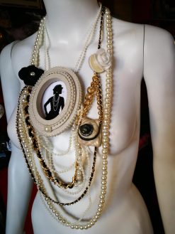 Assemblage Jewelry Vintage Cameo Silhouette, Elegant Classic Statement Pendant, Madame Coco Chain Pearl Necklace