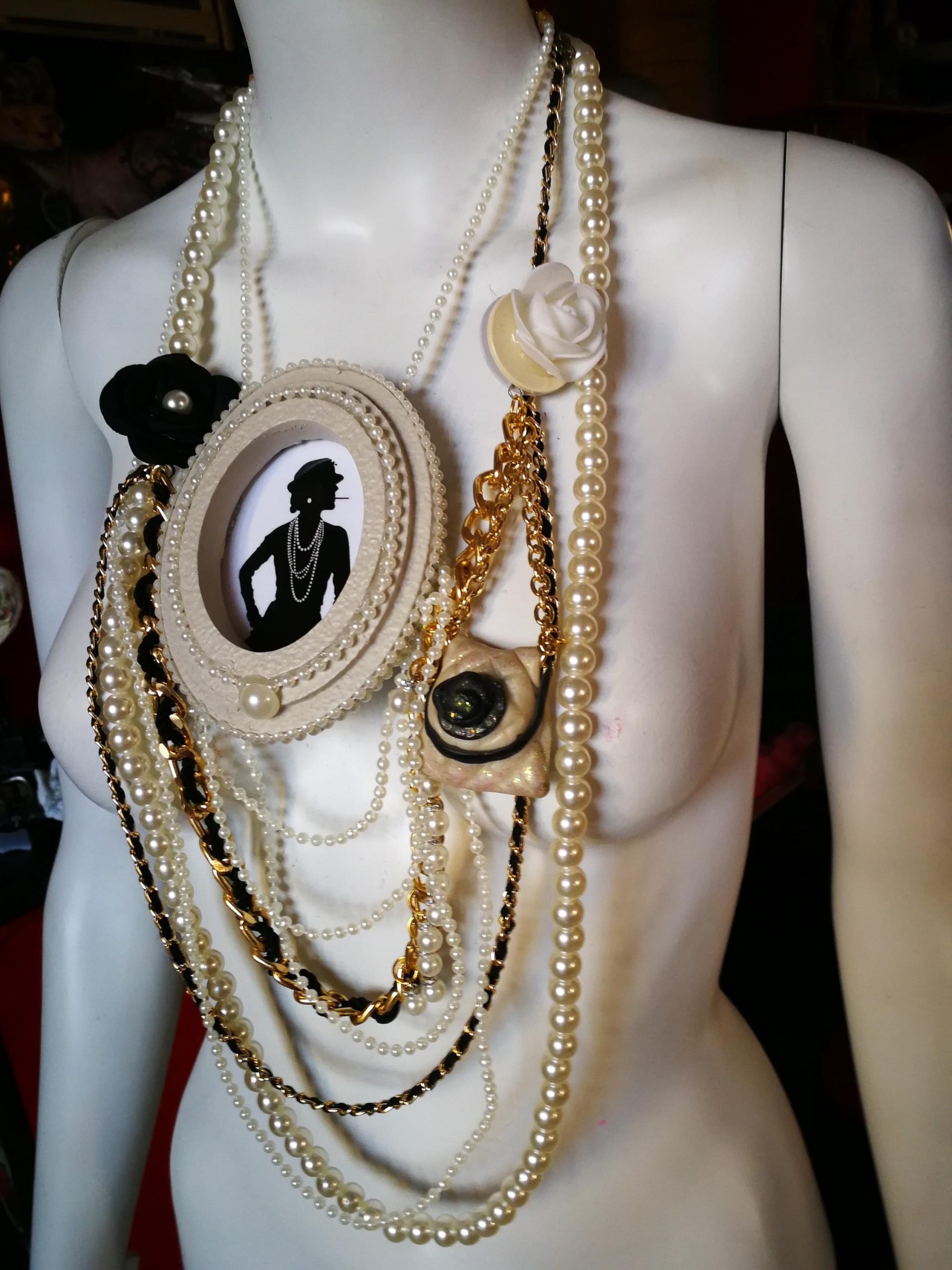 Assemblage Jewelry Vintage Cameo Silhouette, Elegant Classic Statement Pendant, Madame Coco Chain Pearl Necklace