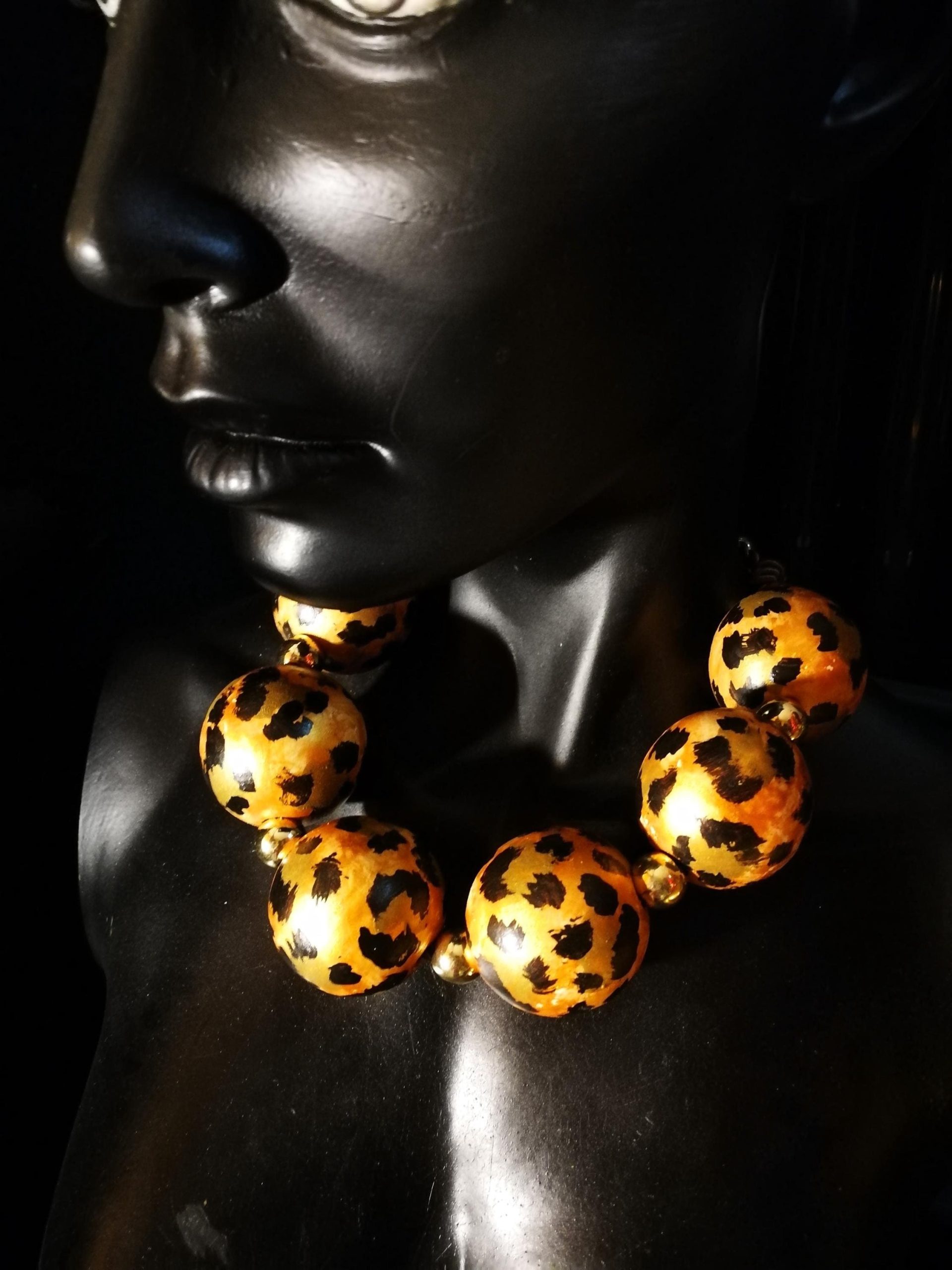 Oversized Necklace Hand Painted Leopard Orb Beaded Statement OOAK Haute Couture Jewelry Sculptured Wild