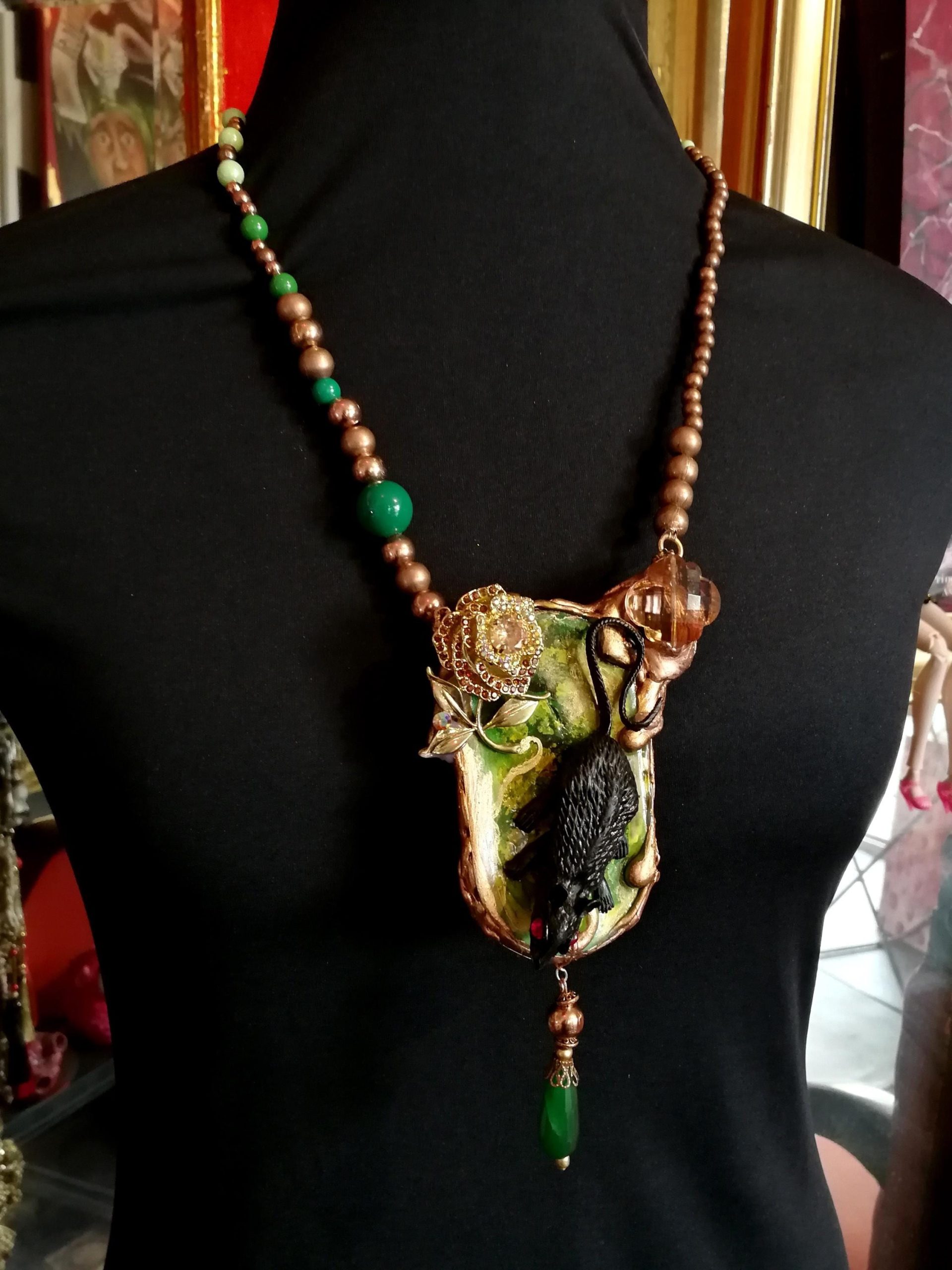 Statement Necklace, Animal Nature Pendant Collar, Liberty Jewelry Collier Copper Crystal, Mouse Pearl Gemtones