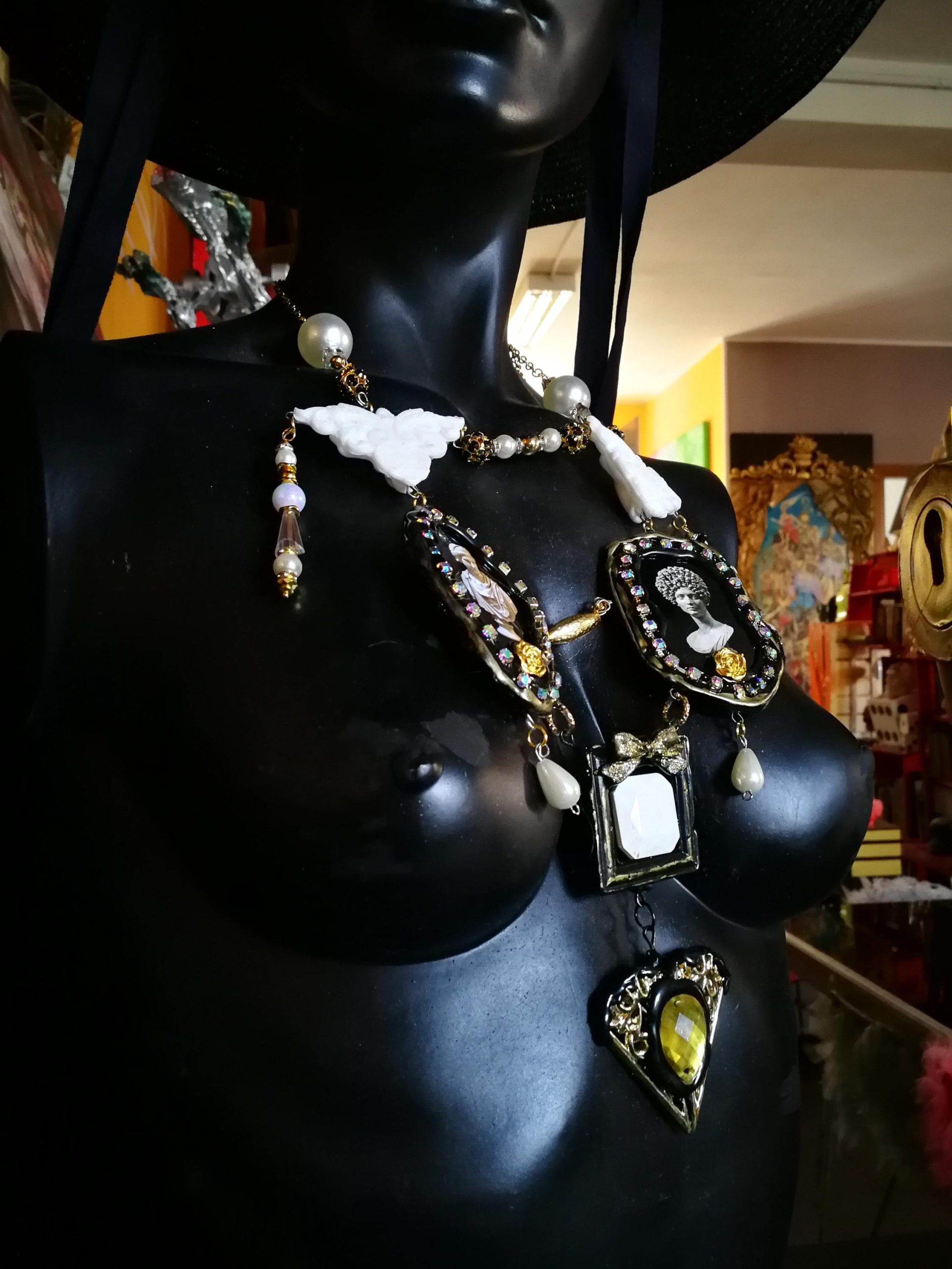 Baroque Necklace, Roman Statue Fine Jewelry, Sculptural & Enamel Rococo Pendant Luxury Filigree Golden Charm