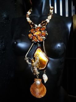 Lobster Jewelry, Statement Choker Necklace, Jasper Raw Stone Gold Mirror Pendant Shell & Pearl Charm