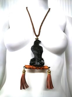 Blackbird Pendant Sculptural Gothic Necklace, Natural Wooden Tree Branch Tassel Charm Statement Boho Jewelry