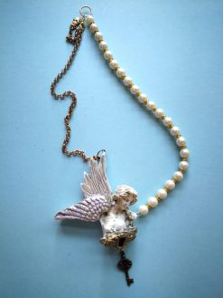 Guardian Angel Pendant, Statement Necklace Jewelry, Baroque Celestial Cherubim Seraphim, Pearl Charm Antique Statue