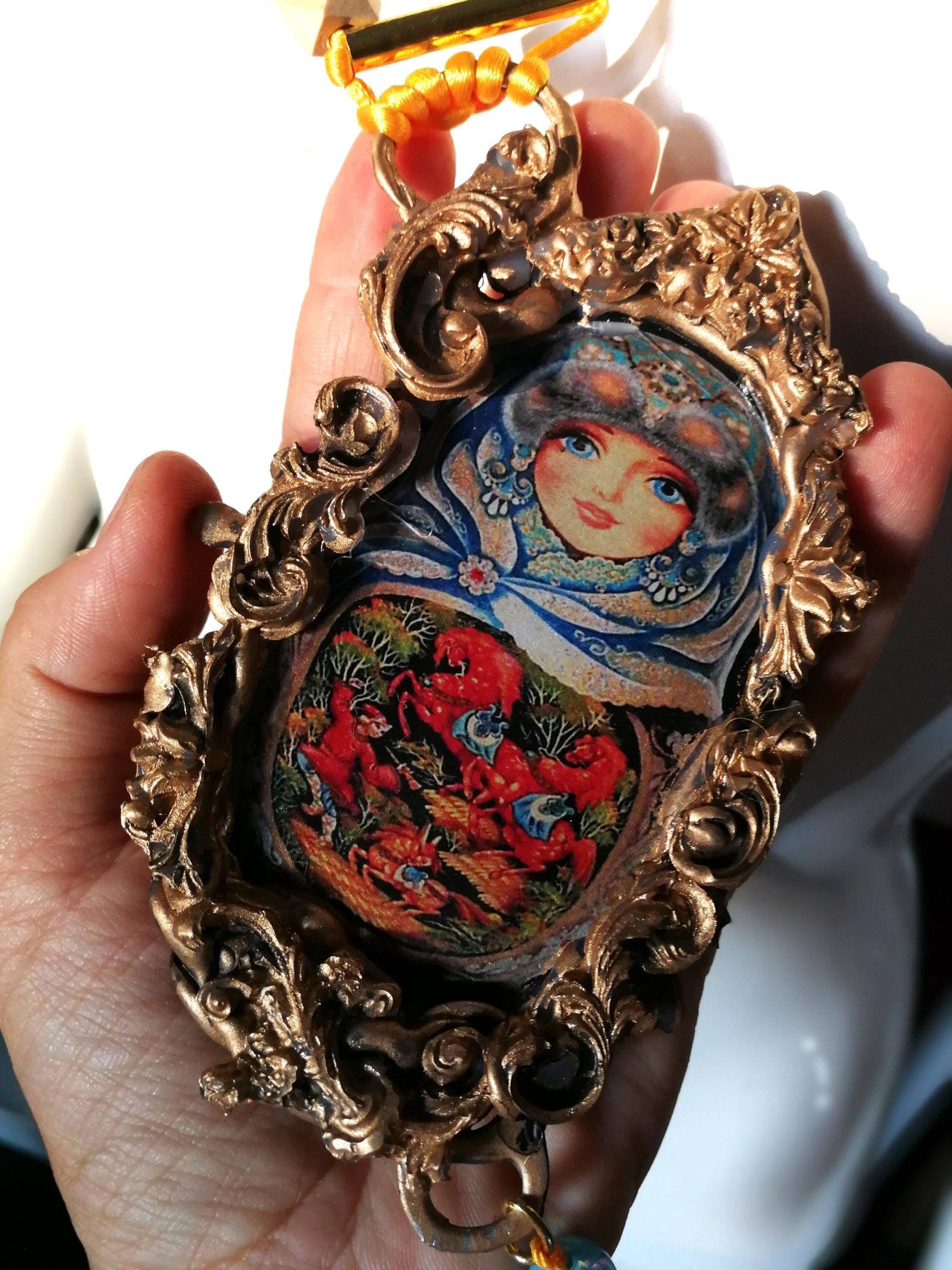 Matryoshka Dolls, Polymer Clay Sculpture Jewelry, Traditional Folk Regional Necklace, Russian Folkloric Pendant Charm