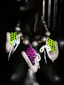 Custom Sneakers, Whimsical Statement Necklace Bling Beads Rhinestone Accents Quirky Jewelry Personalized Sport Lover