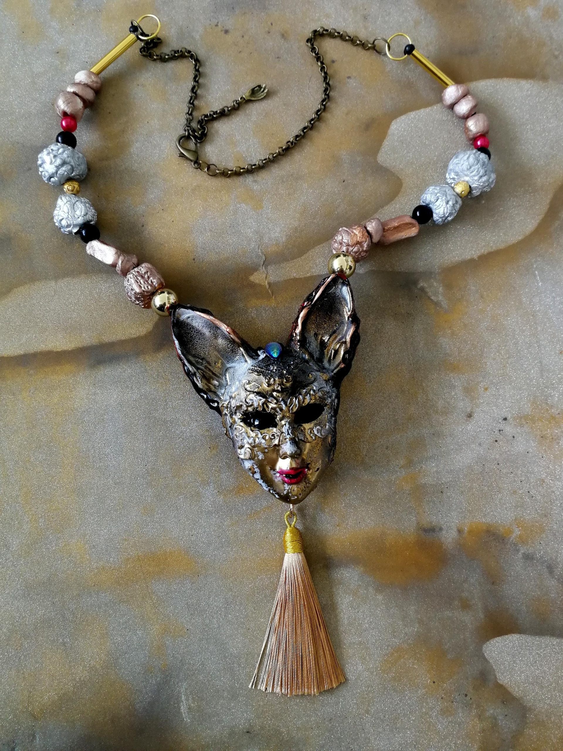 Venetian Mask Costume Jewelry, Cat Pendant Theatre Eye Mask, Luxury Charm Statement Sculptural Necklace